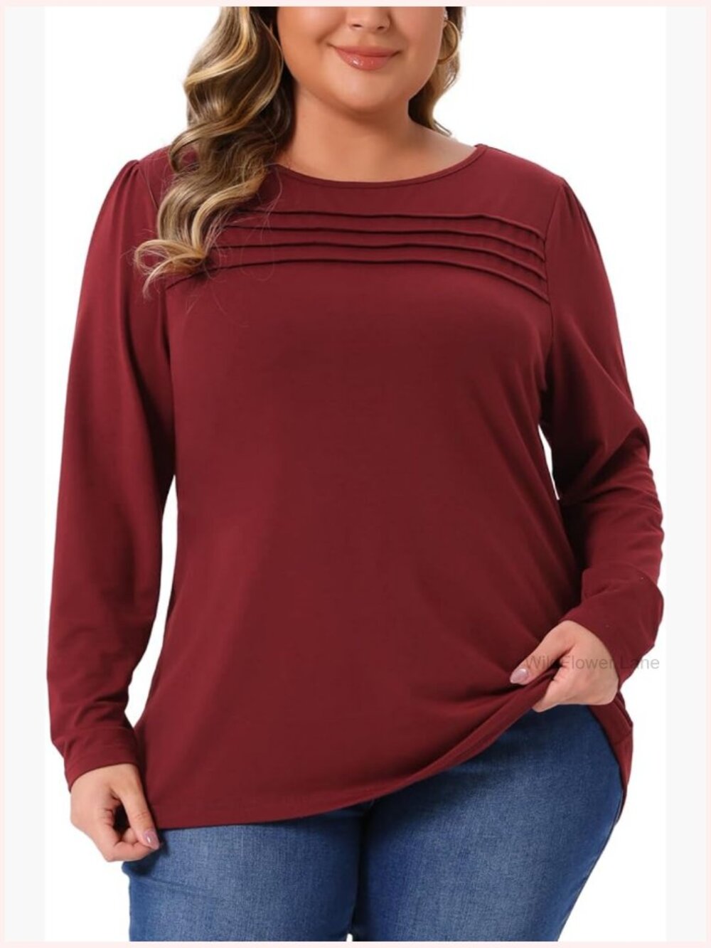 Plus Size Long Sleeve Crew Neck T-Shirt with Front Tucks